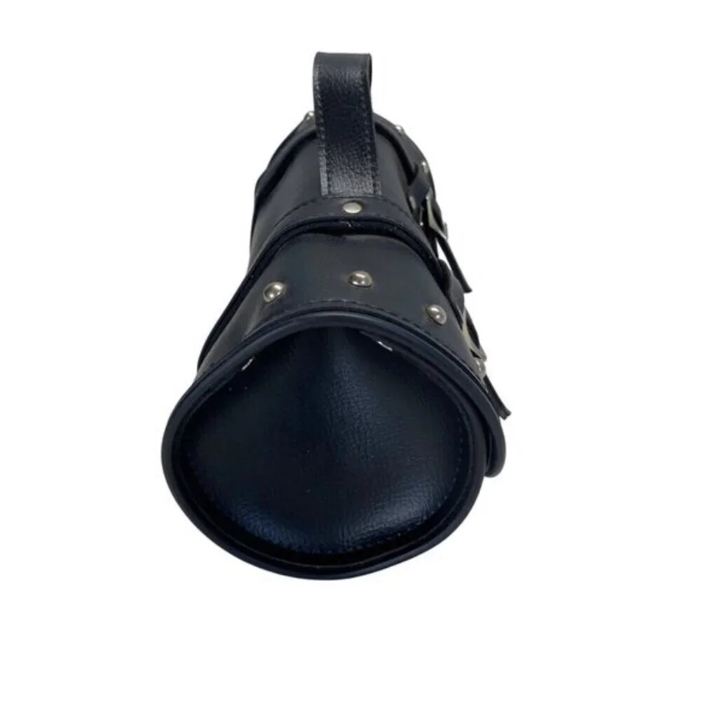 Black Leather Studded Motorcycle Handlebar Tool Bag With Buckle Straps